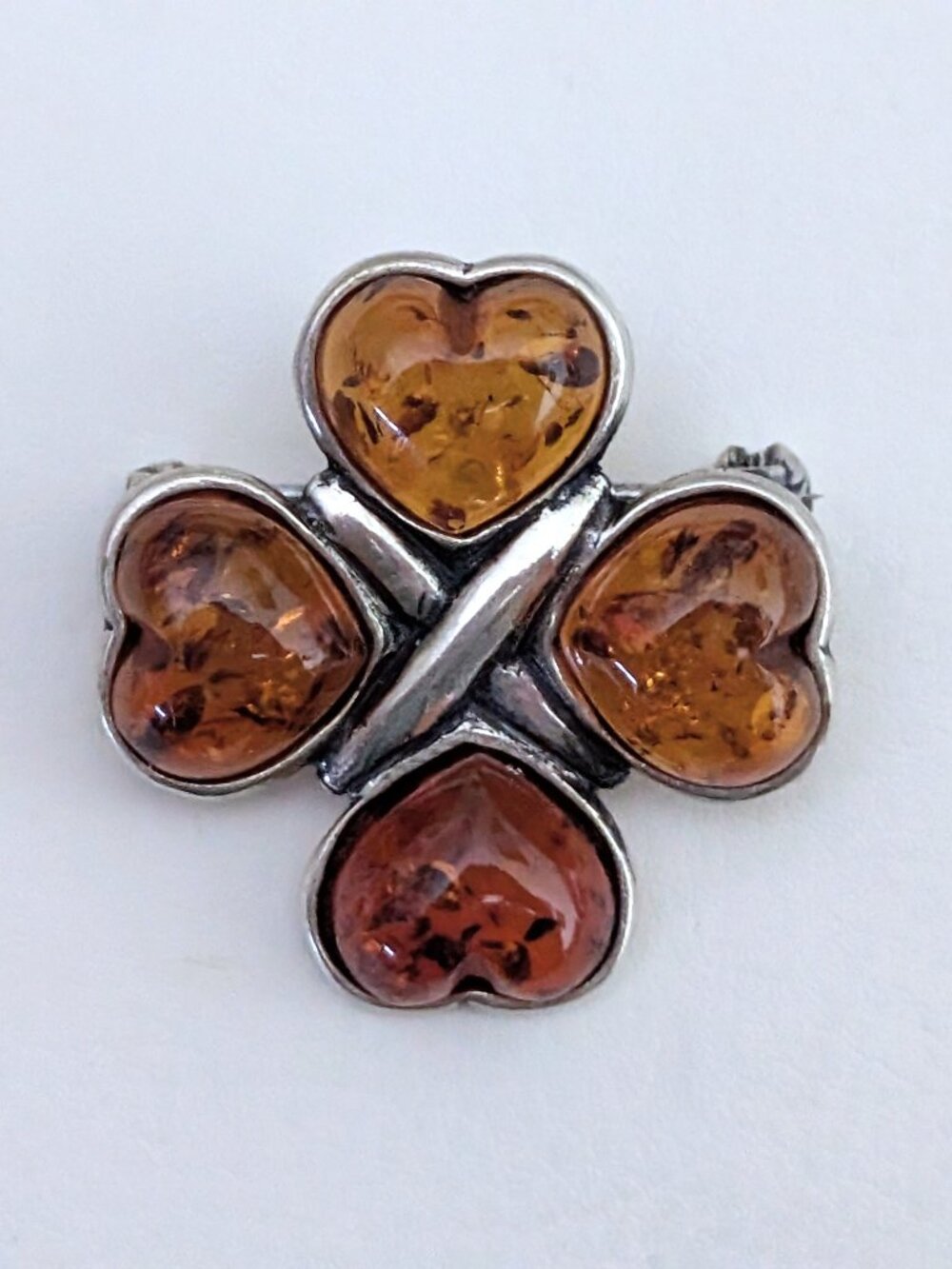 Sterling Silver 925 Baltic Honey Amber 4 Leaf Clover Shamrock Heart Pin Brooch